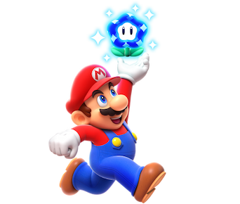 Mario runs along with a Wonder Flower raised in his hand.