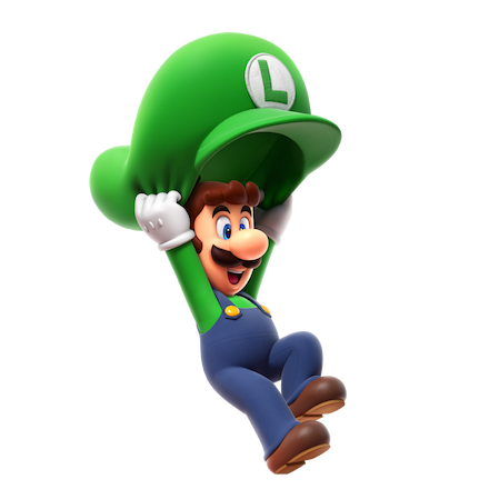 Luigi está usando seu chapéu como paraquedas.