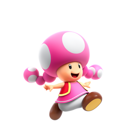 Toadette brinca alegremente por el camino.