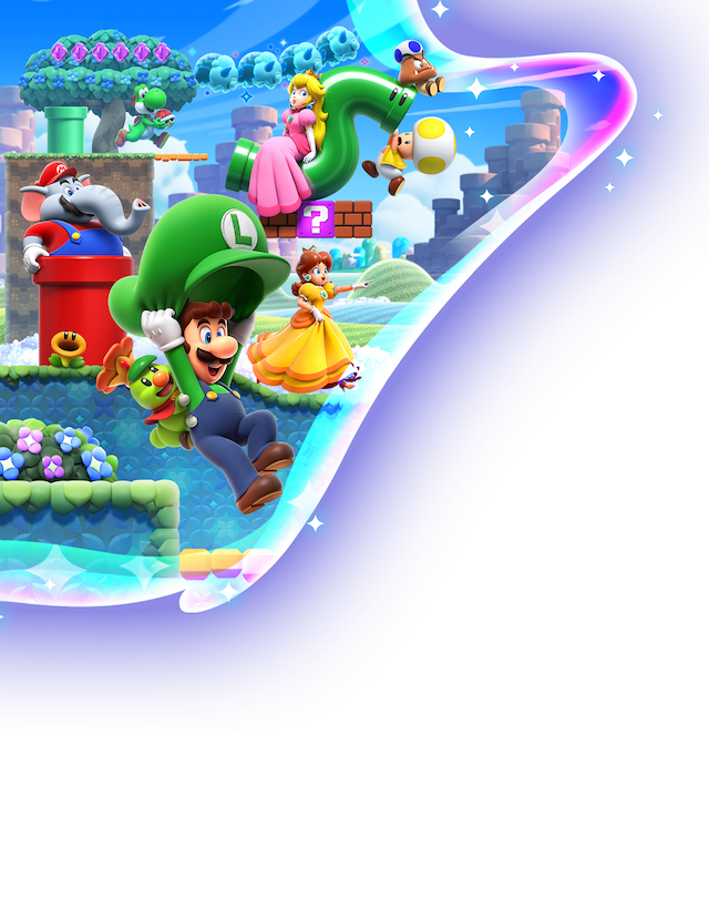 Mario et ses amis courent à travers un paysage aux couleurs vives qui se transforme comme par magie au fur et à mesure qu'ils se déplacent.