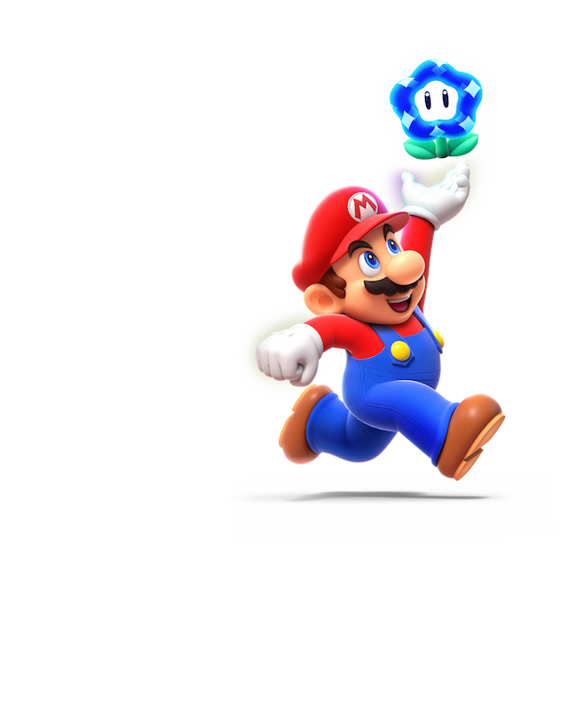 Mario e seus amigos correm em um cenário colorido, transformando-o magicamente por onde eles passam.