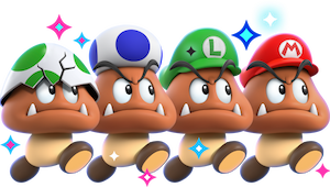 Yoshi, a blue Toad, Luigi, and Mario appear to have been transformed into Goombas.